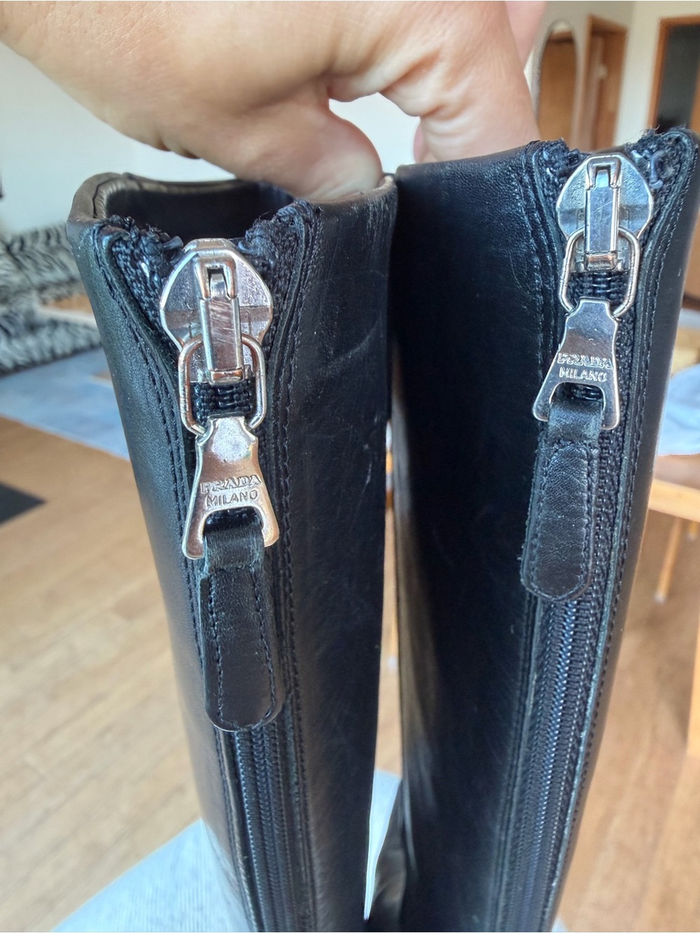 Prada Black Leather Pointed Toe Knee High Kitten Heel Boots - Picture 5 of 12